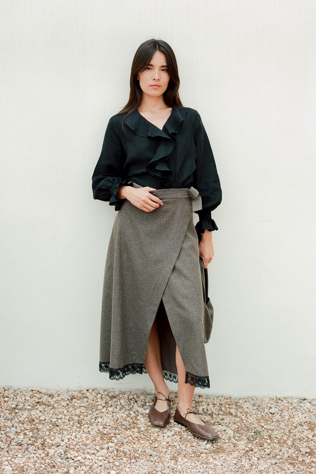 arkitaip Skirts The Zoe Wool Wrap Skirt with lace trim in mocha