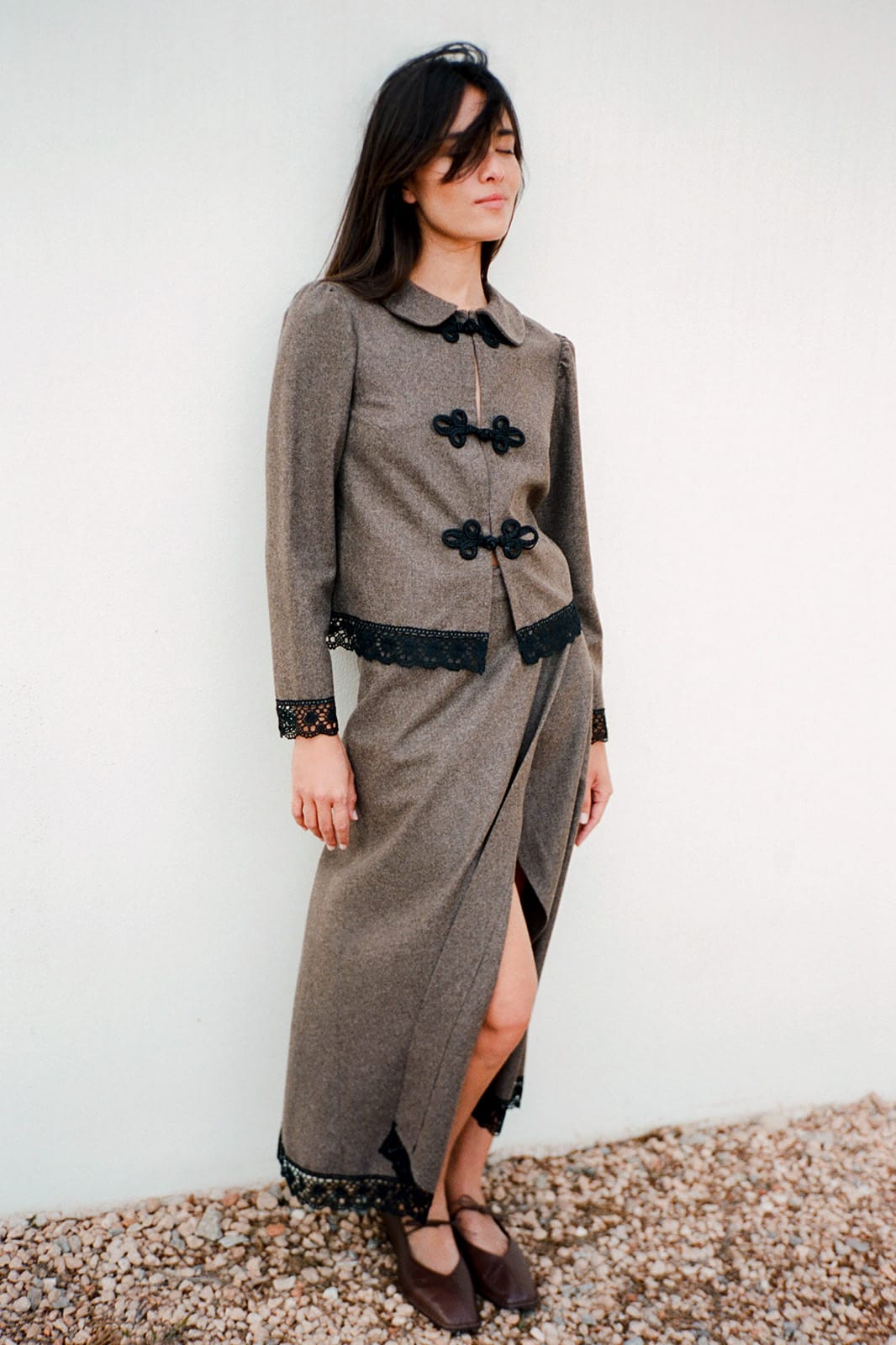 arkitaip Skirts The Zoe Wool Wrap Skirt with lace trim in mocha