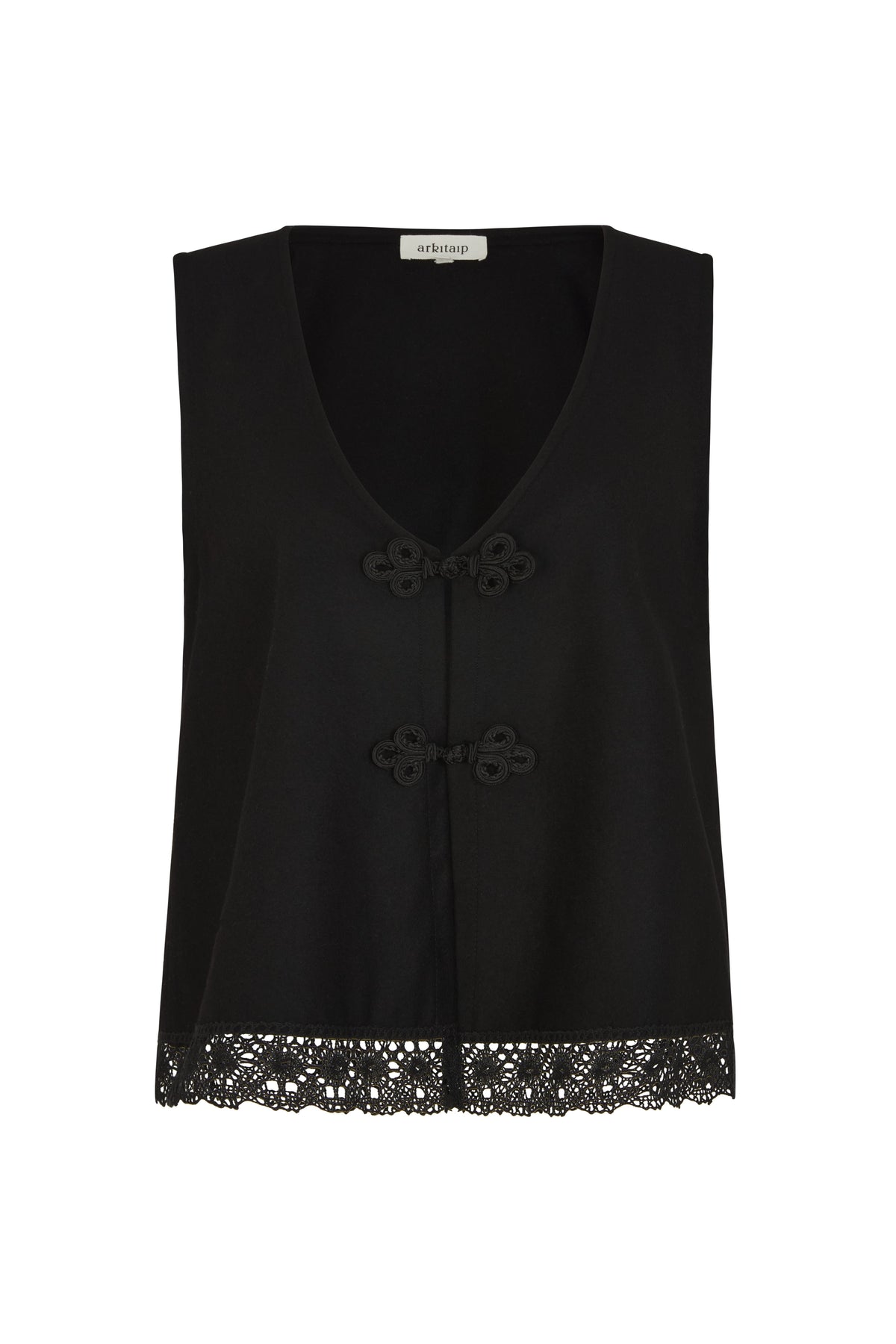 arkitaip Tops The Marie Sleeveless Wool Vest in black with lace trim